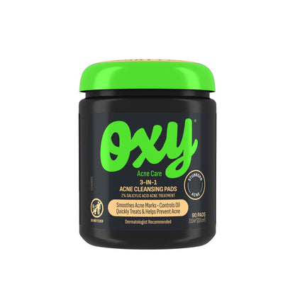 Oxy 3-IN-1 Acne Facial Cleansing Pads, Maximum Strength 2% Salicylic Acid Stubborn Acne Treatment, Controls Oil, Unclogs Pores, Smooths & Brightens Skin, Dermatologist Recommended, 90 Pads