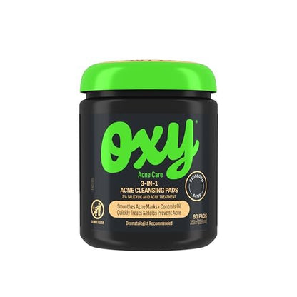 Oxy 3-IN-1 Acne Facial Cleansing Pads, Maximum Strength 2% Salicylic Acid Stubborn Acne Treatment, Controls Oil, Unclogs Pores, Smooths & Brightens Skin, Dermatologist Recommended, 90 Pads