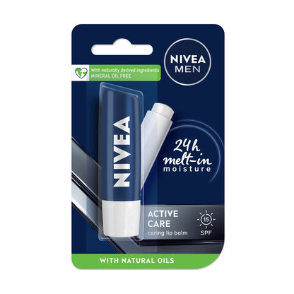 NIVEA Men Active Care SPF 15 Lip Balm - Moisturizing Sun Protection for Dry Lips, 0.16 oz