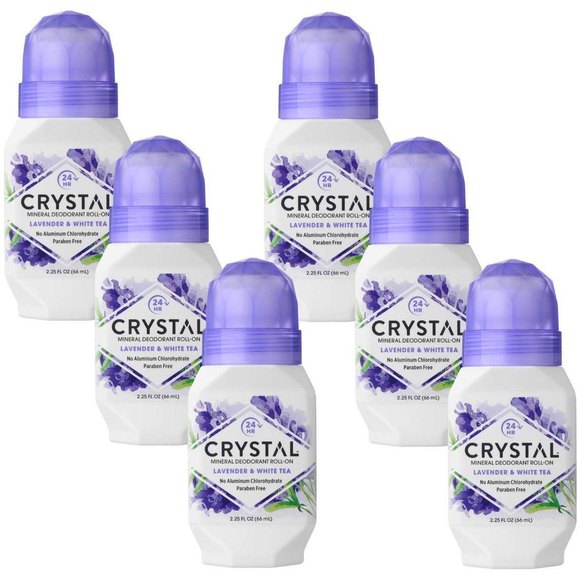 Crystal Essence Lavender & White Tea Mineral Deodorant Roll-On, 2.25 oz (Pack of 6) - Natural & Fragrant Avelisse