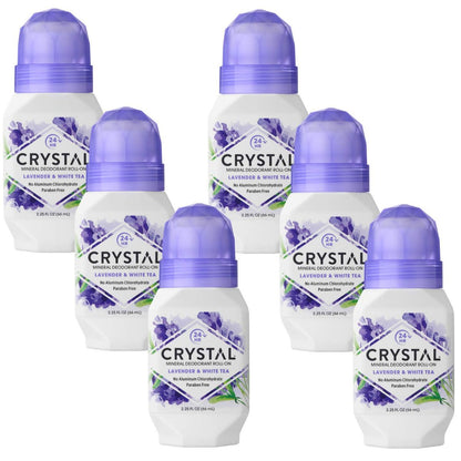 Crystal Essence Lavender & White Tea Mineral Deodorant Roll-On, 2.25 oz (Pack of 6) - Natural & Fragrant Avelisse
