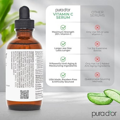 PURA D'OR 20% Vitamin C Facial Serum with Retinol, Hyaluronic Acid, Vitamin E, Ferulic Acid - Antioxidant Hydrating Skincare for Men & Women - 4 oz Avelisse