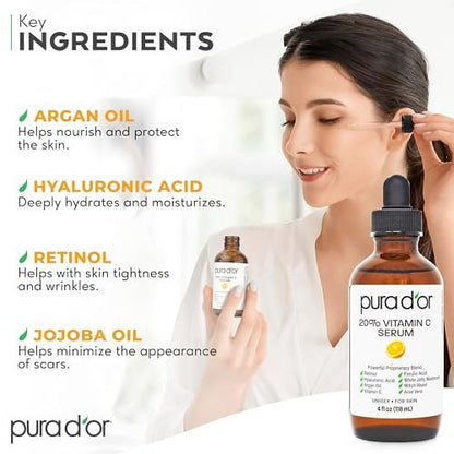 PURA D'OR 20% Vitamin C Facial Serum with Retinol, Hyaluronic Acid, Vitamin E, Ferulic Acid - Antioxidant Hydrating Skincare for Men & Women - 4 oz Avelisse