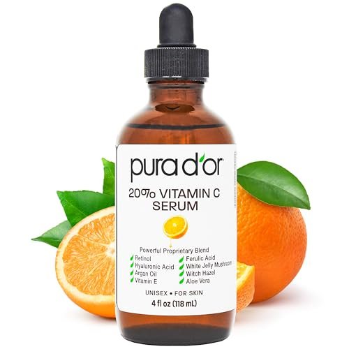 PURA D'OR 20% Vitamin C Facial Serum with Retinol, Hyaluronic Acid, Vitamin E, Ferulic Acid - Antioxidant Hydrating Skincare for Men & Women - 4 oz Avelisse