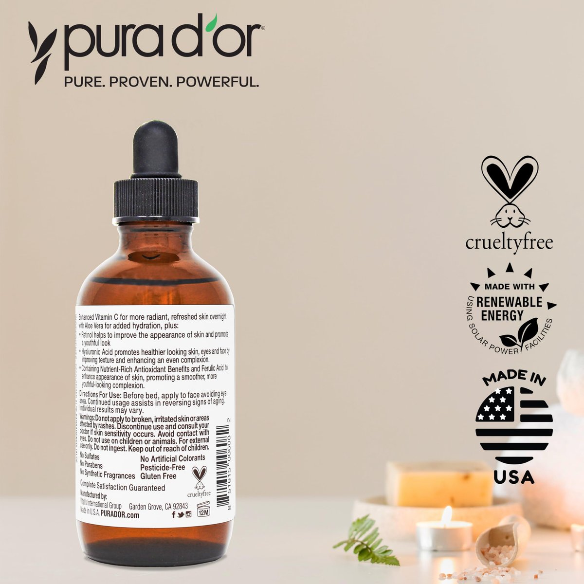 PURA D'OR 20% Vitamin C Facial Serum with Retinol, Hyaluronic Acid, Vitamin E, Ferulic Acid - Antioxidant Hydrating Skincare for Men & Women - 4 oz Avelisse