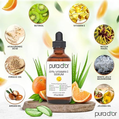 PURA D'OR 20% Vitamin C Facial Serum with Retinol, Hyaluronic Acid, Vitamin E, Ferulic Acid - Antioxidant Hydrating Skincare for Men & Women - 4 oz Avelisse