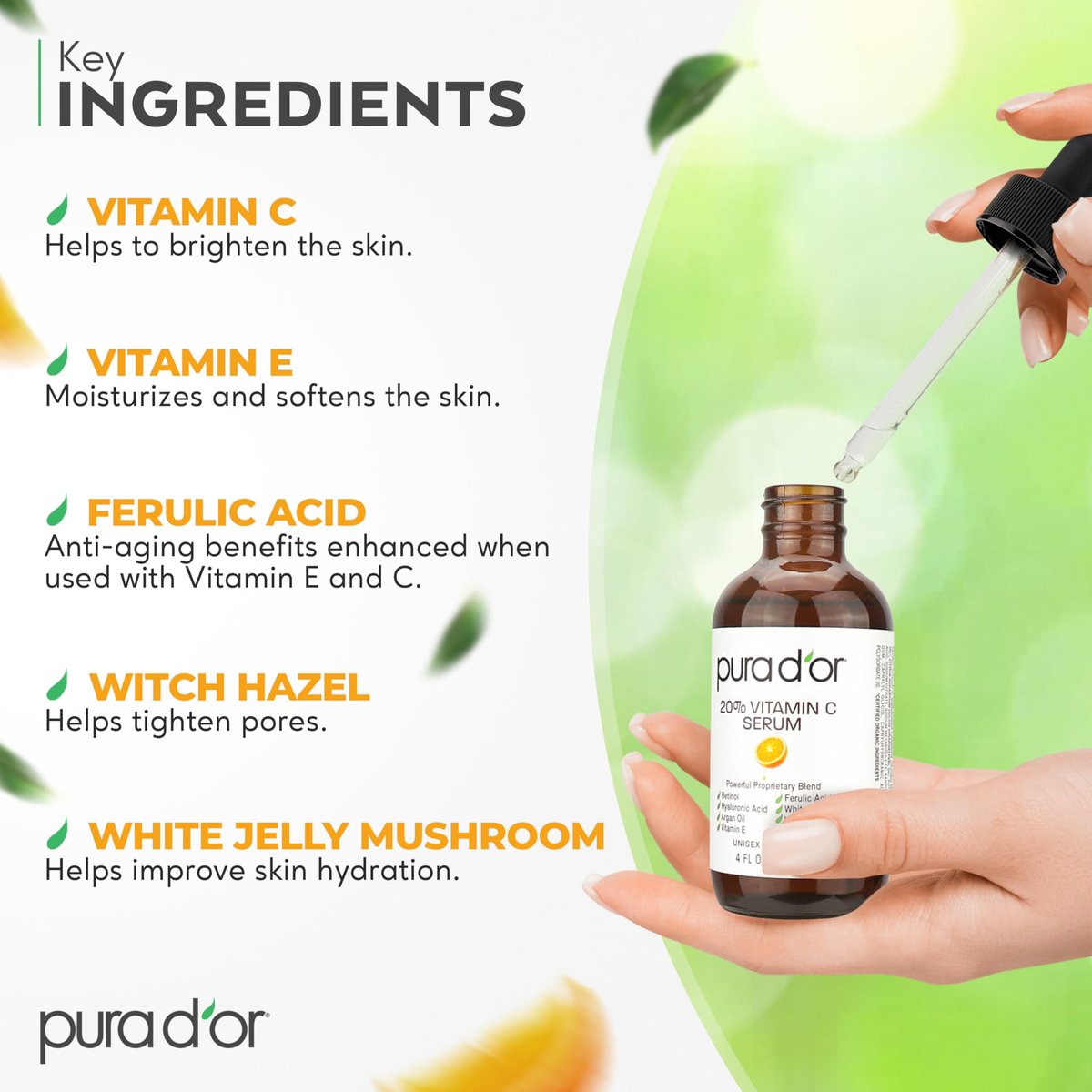 PURA D'OR 20% Vitamin C Facial Serum with Retinol, Hyaluronic Acid, Vitamin E, Ferulic Acid - Antioxidant Hydrating Skincare for Men & Women - 4 oz Avelisse