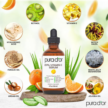 PURA D'OR 20% Vitamin C Facial Serum with Retinol, Hyaluronic Acid, Vitamin E, Ferulic Acid - Antioxidant Hydrating Skincare for Men & Women - 4 oz Avelisse