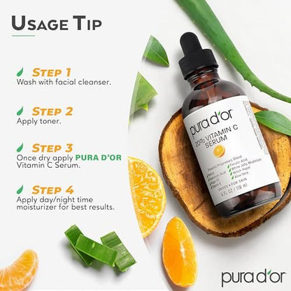 PURA D'OR 20% Vitamin C Facial Serum with Retinol, Hyaluronic Acid, Vitamin E, Ferulic Acid - Antioxidant Hydrating Skincare for Men & Women - 4 oz Avelisse