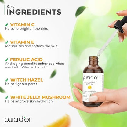 PURA D'OR 20% Vitamin C Facial Serum with Retinol, Hyaluronic Acid, Vitamin E, Ferulic Acid - Antioxidant Hydrating Skincare for Men & Women - 4 oz Avelisse