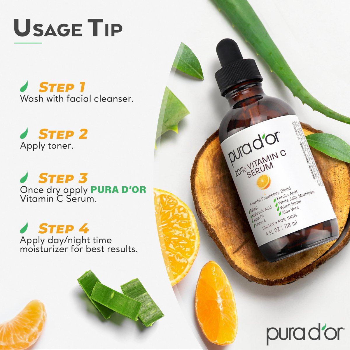 PURA D'OR 20% Vitamin C Facial Serum with Retinol, Hyaluronic Acid, Vitamin E, Ferulic Acid - Antioxidant Hydrating Skincare for Men & Women - 4 oz Avelisse