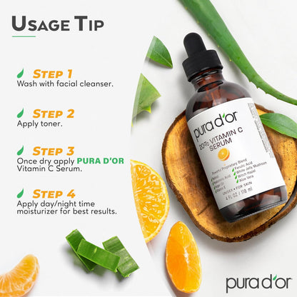 PURA D'OR 20% Vitamin C Facial Serum with Retinol, Hyaluronic Acid, Vitamin E, Ferulic Acid - Antioxidant Hydrating Skincare for Men & Women - 4 oz Avelisse