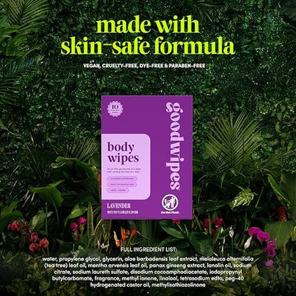 Goodwipes Body Wipes, Lavender, 10 Count – Plant-Based, Hypoallergenic, Aloe-Infused Rinse-Free Wipes for Face and Body