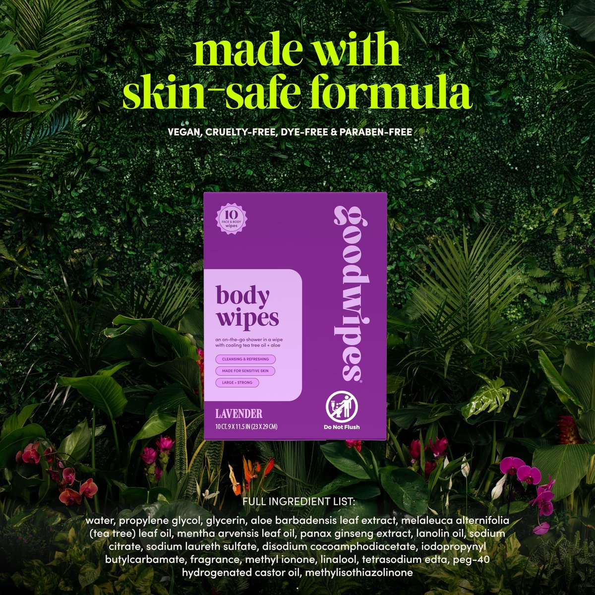 Goodwipes Body Wipes, Lavender, 10 Count – Plant-Based, Hypoallergenic, Aloe-Infused Rinse-Free Wipes for Face and Body - görsel 3
