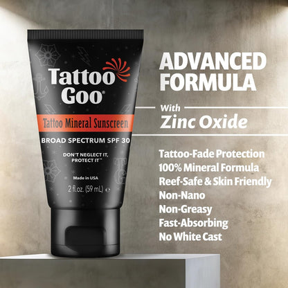 Tattoo Goo Zinc Oxide Mineral Sunscreen SPF 30 – Broad Spectrum UVA/UVB Protection, Tattoo Fade Shield, Non-Greasy, Fragrance-Free, 2 fl oz