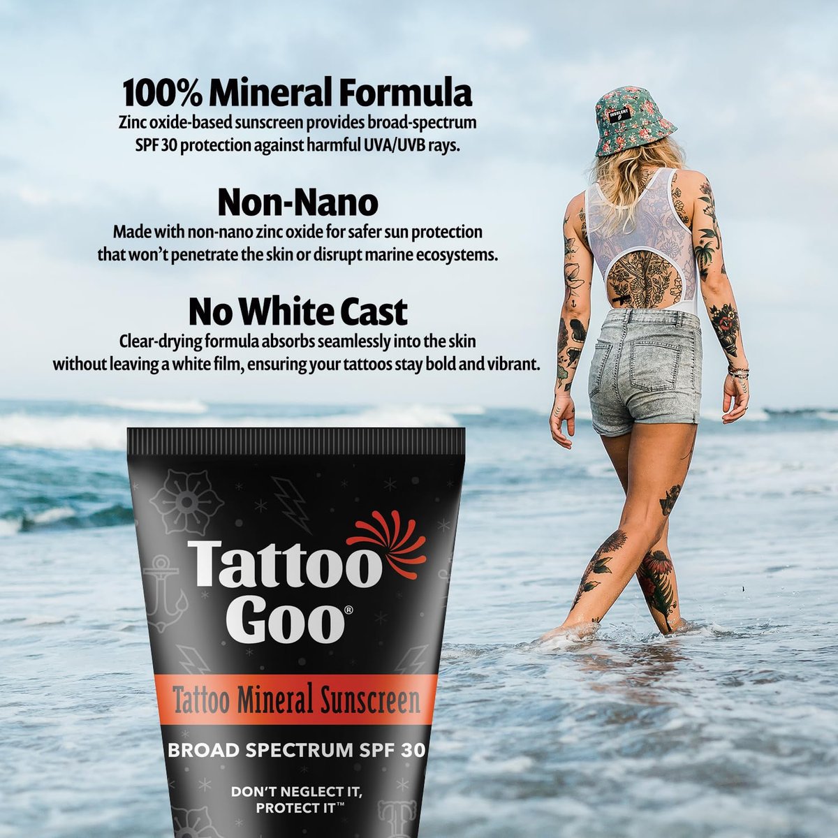 Tattoo Goo Zinc Oxide Mineral Sunscreen SPF 30 – Broad Spectrum UVA/UVB Protection, Tattoo Fade Shield, Non-Greasy, Fragrance-Free, 2 fl oz - görsel 9