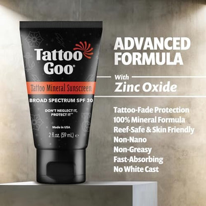 Tattoo Goo Zinc Oxide Mineral Sunscreen SPF 30 – Broad Spectrum UVA/UVB Protection, Tattoo Fade Shield, Non-Greasy, Fragrance-Free, 2 fl oz