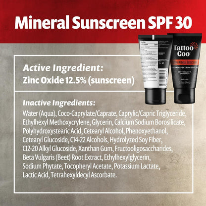 Tattoo Goo Zinc Oxide Mineral Sunscreen SPF 30 – Broad Spectrum UVA/UVB Protection, Tattoo Fade Shield, Non-Greasy, Fragrance-Free, 2 fl oz