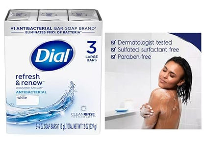 Dial Antibacterial Bar Soap, Refresh & Renew, White Bar Soap 3-4 oz, 2 Pack Avelisse