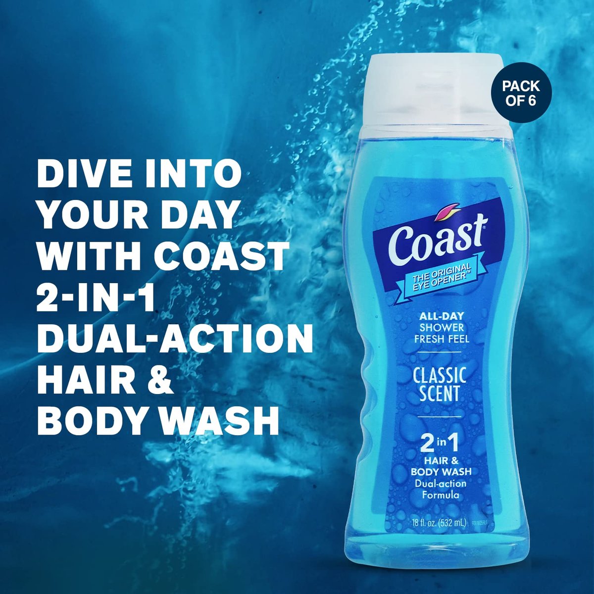 Coast 2-in-1 Hair and Body Wash, Classic Scent – Men's Body Wash, Shampoo & Conditioner – 6 Pack x 18 Fl Oz – Moisturizing & Refreshing Rich Lather Avelisse