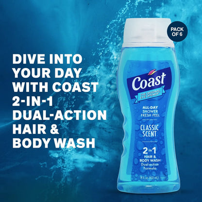 Coast 2-in-1 Hair and Body Wash, Classic Scent – Men's Body Wash, Shampoo & Conditioner – 6 Pack x 18 Fl Oz – Moisturizing & Refreshing Rich Lather Avelisse