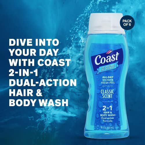 Coast 2-in-1 Hair and Body Wash, Classic Scent – Men's Body Wash, Shampoo & Conditioner – 6 Pack x 18 Fl Oz – Moisturizing & Refreshing Rich Lather Avelisse