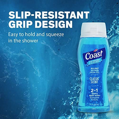 Coast 2-in-1 Hair and Body Wash, Classic Scent – Men's Body Wash, Shampoo & Conditioner – 6 Pack x 18 Fl Oz – Moisturizing & Refreshing Rich Lather Avelisse