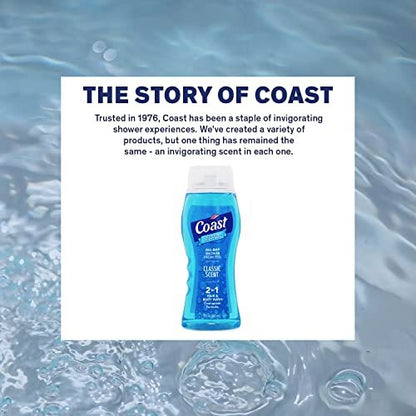 Coast 2-in-1 Hair and Body Wash, Classic Scent – Men's Body Wash, Shampoo & Conditioner – 6 Pack x 18 Fl Oz – Moisturizing & Refreshing Rich Lather Avelisse
