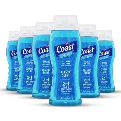 Coast 2-in-1 Hair and Body Wash, Classic Scent – Men's Body Wash, Shampoo & Conditioner – 6 Pack x 18 Fl Oz – Moisturizing & Refreshing Rich Lather Avelisse