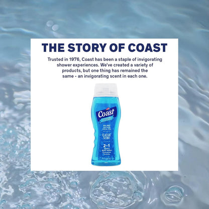 Coast 2-in-1 Hair and Body Wash, Classic Scent – Men's Body Wash, Shampoo & Conditioner – 6 Pack x 18 Fl Oz – Moisturizing & Refreshing Rich Lather Avelisse