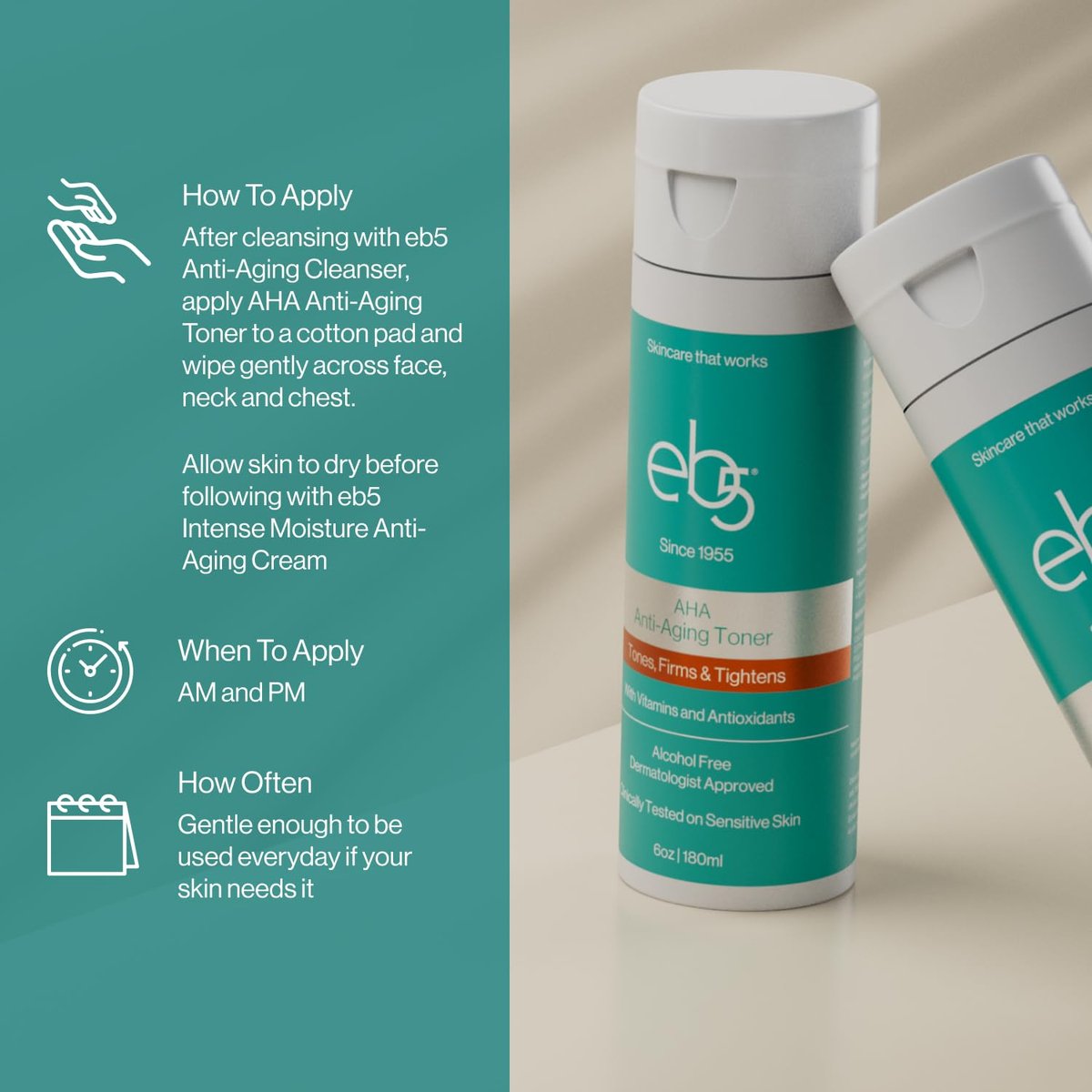 eb5 AHA Anti-Aging Facial Toner with Vitamins and Antioxidants – Alcohol-Free, Clinically Tested on Sensitive Skin, Firms & Tightens (6 fl oz) Avelisse