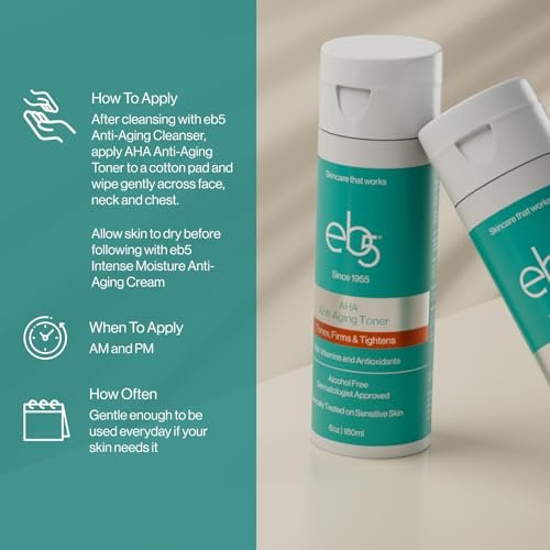 eb5 AHA Anti-Aging Facial Toner with Vitamins and Antioxidants – Alcohol-Free, Clinically Tested on Sensitive Skin, Firms & Tightens (6 fl oz) Avelisse