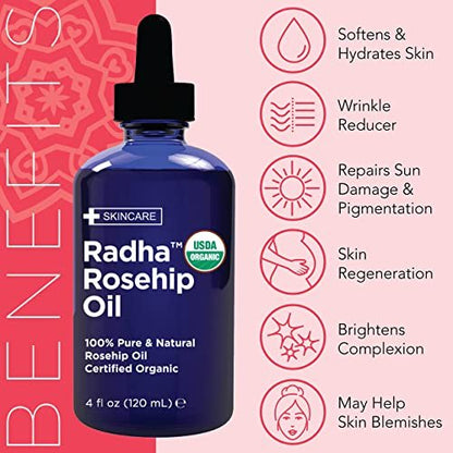 Radha Beauty 4 oz Organic Rosehip Seed Oil - 100% Pure Cold Pressed Carrier Oil for Face, Hair, Skin & Nails