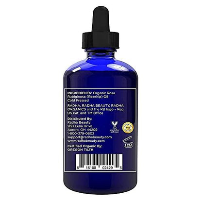 Radha Beauty 4 oz Organic Rosehip Seed Oil - 100% Pure Cold Pressed Carrier Oil for Face, Hair, Skin & Nails