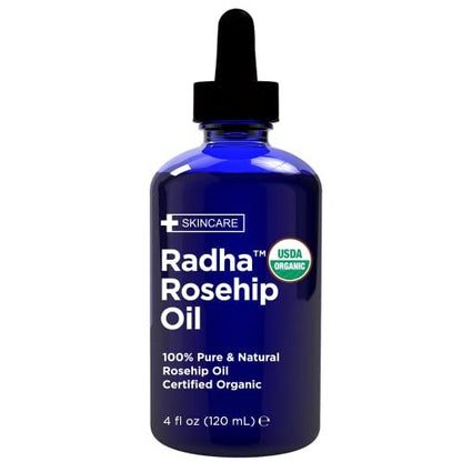 Radha Beauty 4 oz Organic Rosehip Seed Oil - 100% Pure Cold Pressed Carrier Oil for Face, Hair, Skin & Nails