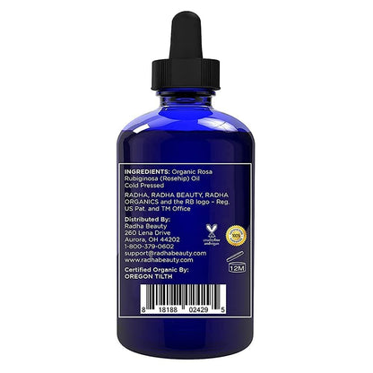 Radha Beauty 4 oz Organic Rosehip Seed Oil - 100% Pure Cold Pressed Carrier Oil for Face, Hair, Skin & Nails