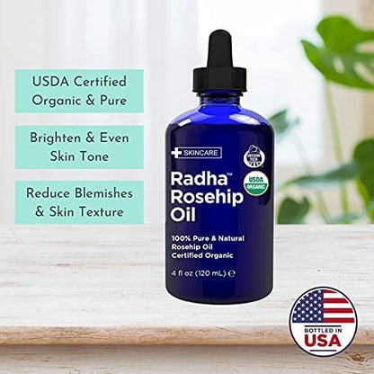 Radha Beauty 4 oz Organic Rosehip Seed Oil - 100% Pure Cold Pressed Carrier Oil for Face, Hair, Skin & Nails