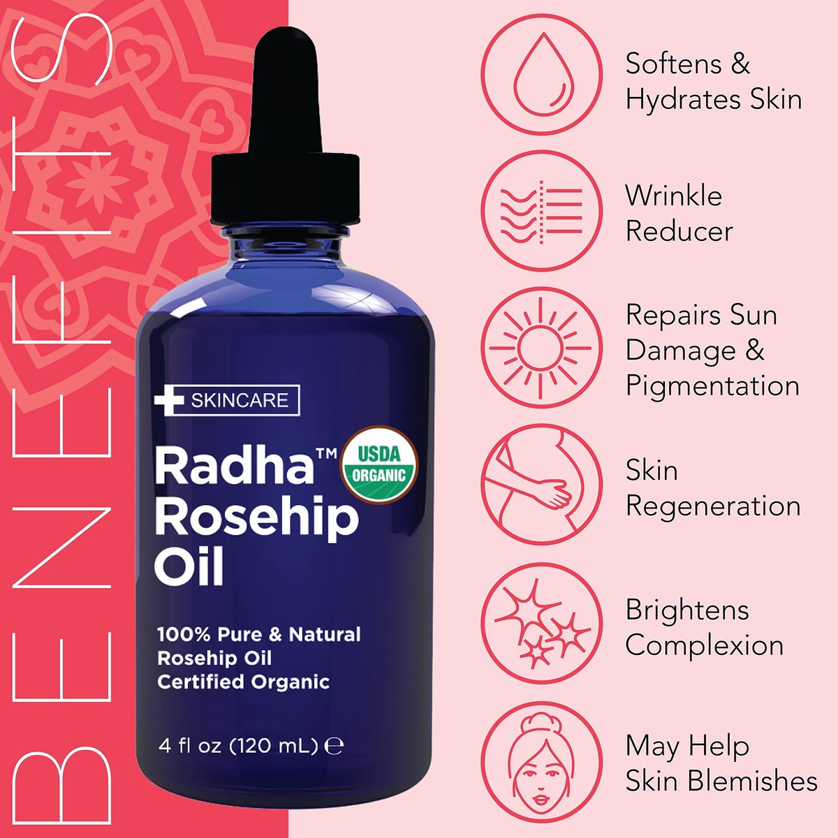 Radha Beauty 4 oz Organic Rosehip Seed Oil - 100% Pure Cold Pressed Carrier Oil for Face, Hair, Skin & Nails - görsel 9