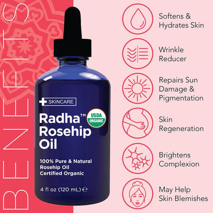 Radha Beauty 4 oz Organic Rosehip Seed Oil - 100% Pure Cold Pressed Carrier Oil for Face, Hair, Skin & Nails
