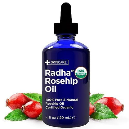 Radha Beauty 4 oz Organic Rosehip Seed Oil - 100% Pure Cold Pressed Carrier Oil for Face, Hair, Skin & Nails