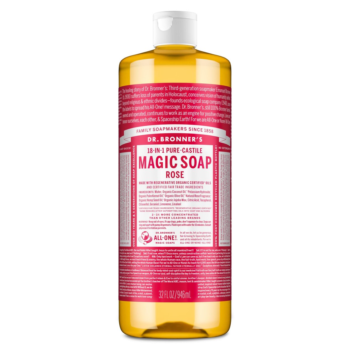 Dr. Bronner's Pure-Castile Liquid Soap - Rose, 32 oz - Regenerative Organic Certified, 18-in-1 Uses - görsel 1