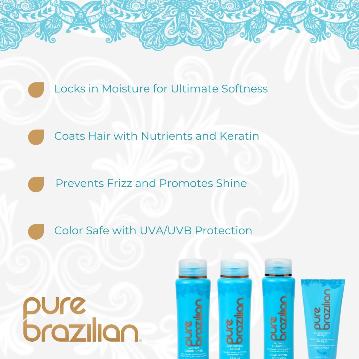 Pure Brazilian 4-Piece Essential Travel Size Kit: Anti-Frizz Shampoo, Conditioner, Serum & Masque Avelisse
