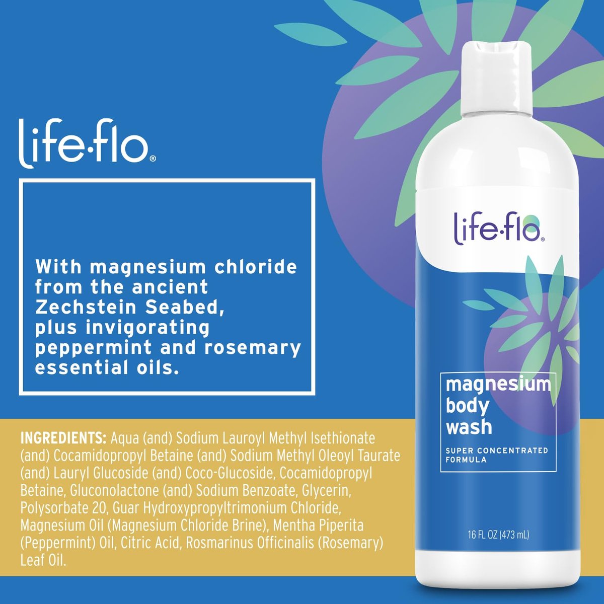 LIFE-FLO Magnesium Body Wash – Refreshing Peppermint & Rosemary Liquid Soap with Magnesium Chloride from the Zechstein Seabed, 16 oz Avelisse