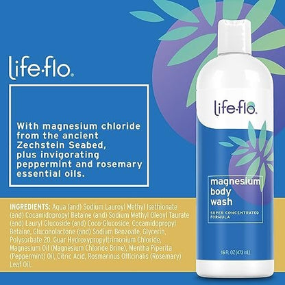 LIFE-FLO Magnesium Body Wash – Refreshing Peppermint & Rosemary Liquid Soap with Magnesium Chloride from the Zechstein Seabed, 16 oz Avelisse
