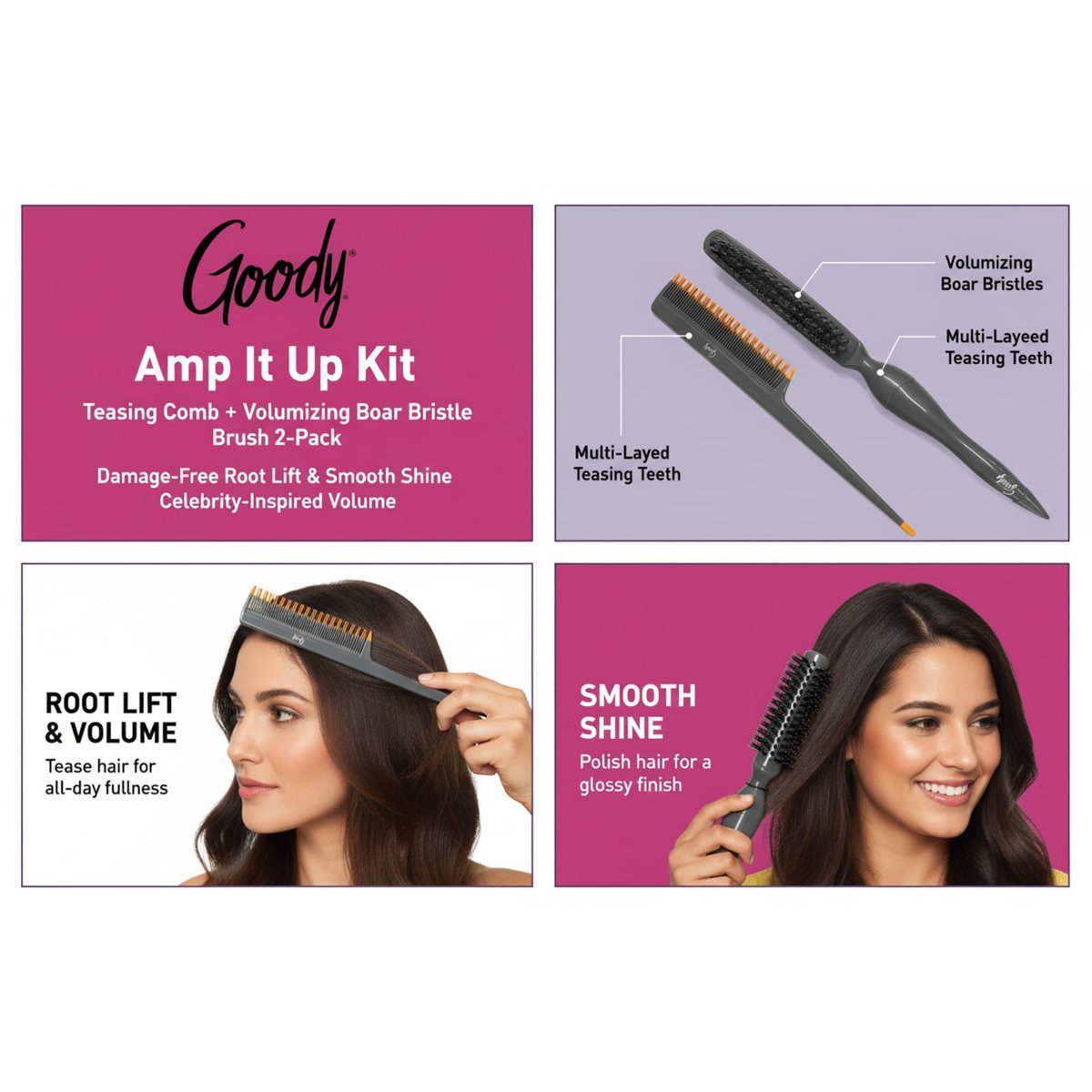 Goody Volume Boost Teasing Brush & Comb Set | Boar Bristle Damage-Free Root Lift & Backcombing Tool for Volumizing & Texture | Works on All Hair Types - görsel 7