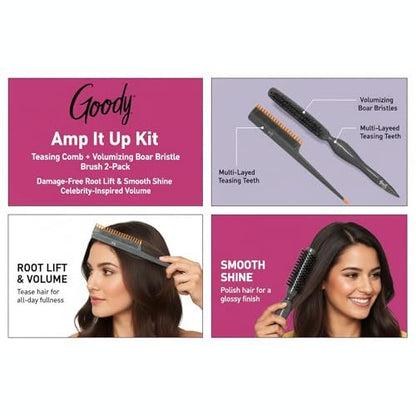 Goody Volume Boost Teasing Brush & Comb Set | Boar Bristle Damage-Free Root Lift & Backcombing Tool for Volumizing & Texture | Works on All Hair Types