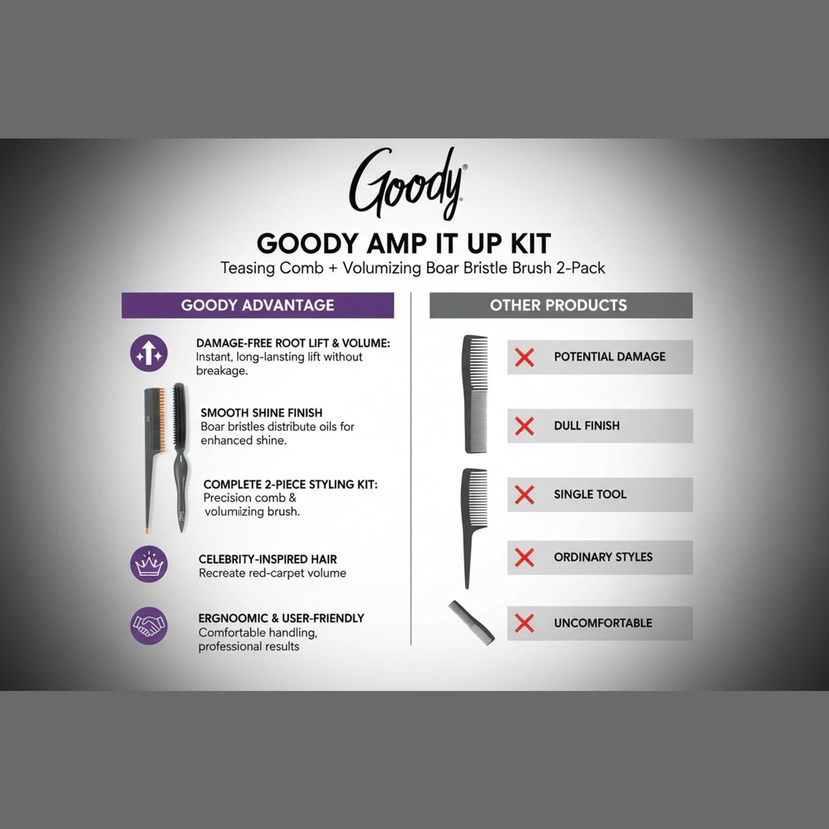 Goody Volume Boost Teasing Brush & Comb Set | Boar Bristle Damage-Free Root Lift & Backcombing Tool for Volumizing & Texture | Works on All Hair Types - görsel 13