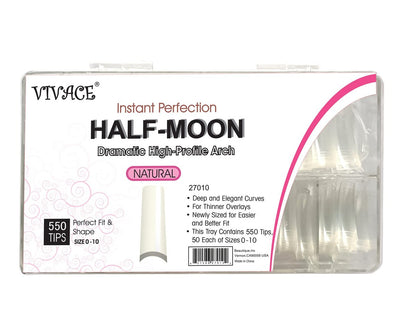 VIVACE Natural Half Moon 550 Acrylic False Gel Nail Tips - 11 Sizes with Clear Plastic Case for Salon & Home Use