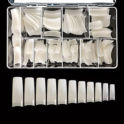 VIVACE Natural Half Moon 550 Acrylic False Gel Nail Tips - 11 Sizes with Clear Plastic Case for Salon & Home Use