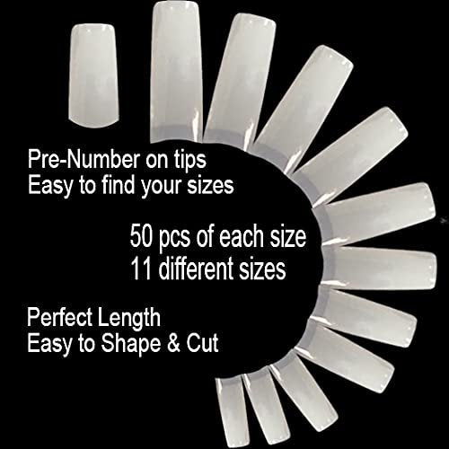 VIVACE Natural Half Moon 550 Acrylic False Gel Nail Tips - 11 Sizes with Clear Plastic Case for Salon & Home Use - görsel 5